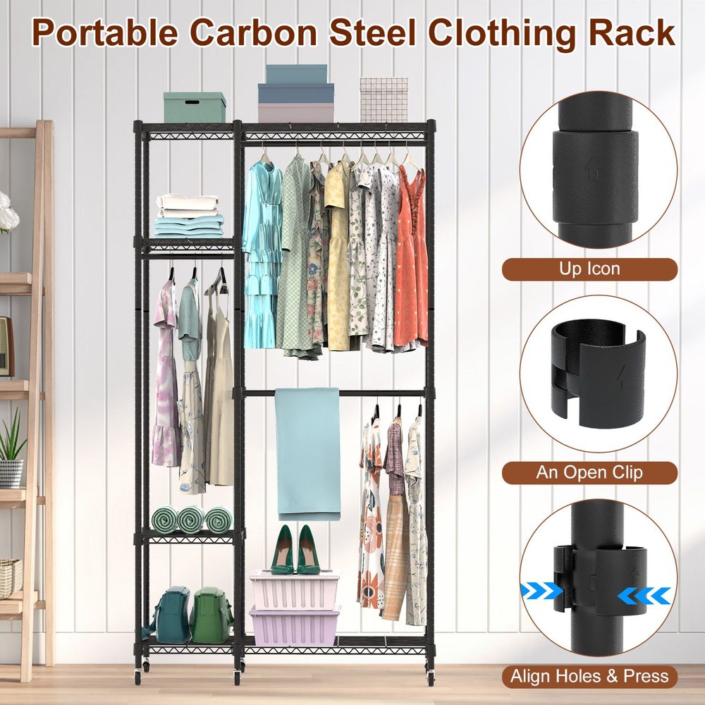 1Pc 4 Tier Heavy Duty Garment Rack With Wheels Carbon Steel…