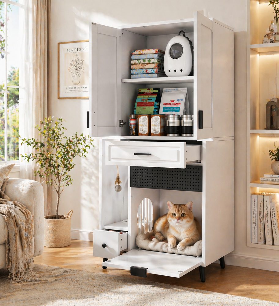 Multifunctional Cat Storage Cabinet Sturdy Construction With Divider Storage, Movable Shelves, Drawers And Cat Bed Area, Perfect Cozy Activity Place For Cats