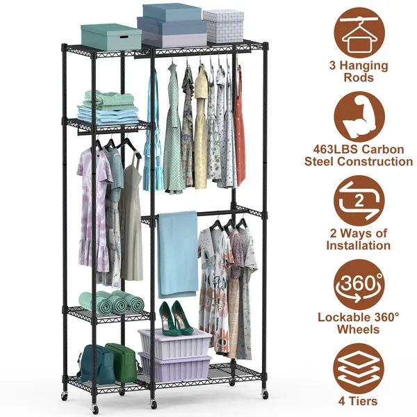 4 Tier Heavy Duty Garment Rack With Wheels Carbon Steel Clothing…