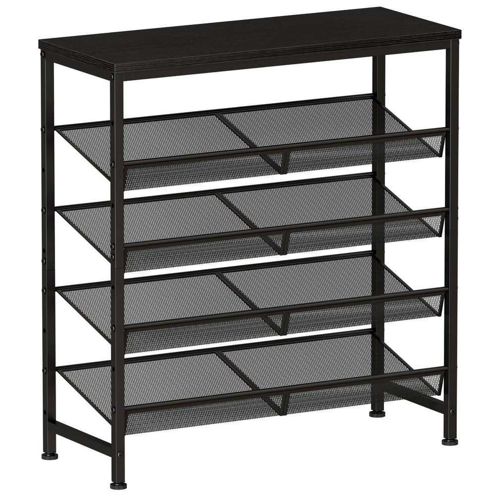 5 Tier Wood Top Shoe Rack, Industrial Storage For Entryway, Small Space Shoe Organizer