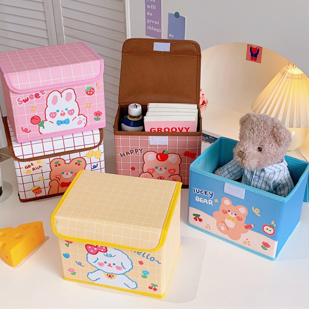 Cute Tea Tea Bear Desktop Debris Flip Storage Basket Office Dormitory Dust-Proof Storage Box Large-Capacity Storage Box