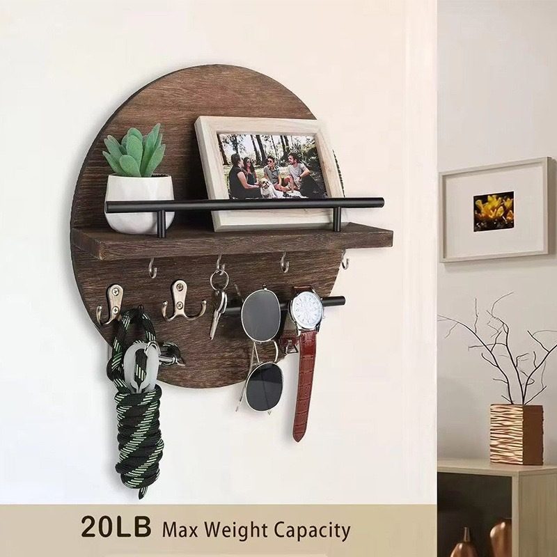 Wall Mounted Retro Wooden Shelf Round Floating Shelf Storage Rack Solid Wood Entryway Decorative Rack Hallway Key Holder