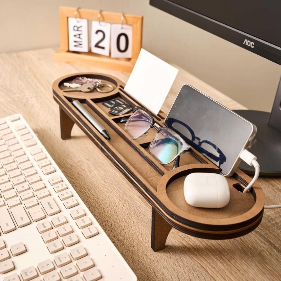 Wooden Desktop Storage Box With Multiple Compartments For Monitors