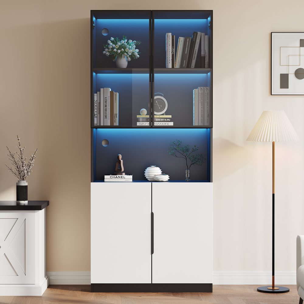 Modern Minimalist Display Case With Glass Doors, Display Case With LED Lights, Bookcase For Collectibles, Adjustable Color Temperature And Brightness, White Doors With Black Decoration, 80x30x200cm