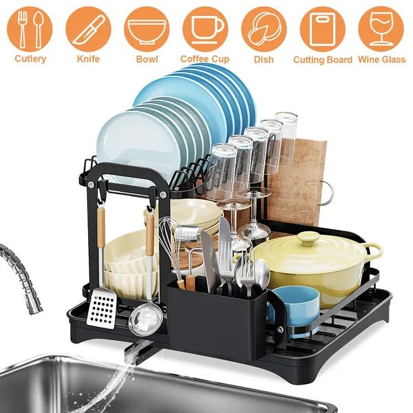 2-Tier Dish Drying Rack For Kitchen Counter Space Saving Rustproof Dish Rack With Drainboard Detachable Kitchen Drainer Organizer Set