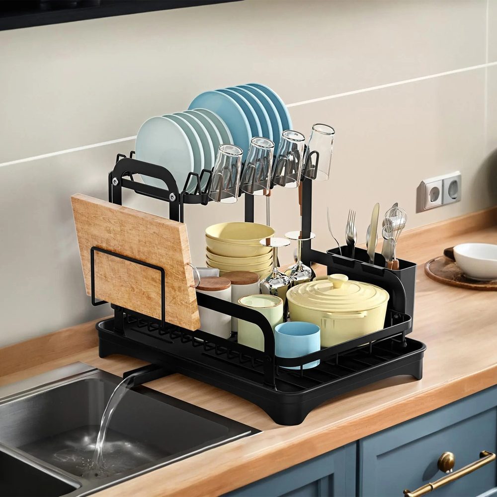 1Pc 2-Tier Dish Drying Rack For Kitchen Counter Space Saving Rustproof Dish Rack With Drainboard Detachable Kitchen Drainer Organizer Set With Utensil Holder Bowl Rack Dish Rack Chopping Board Rack