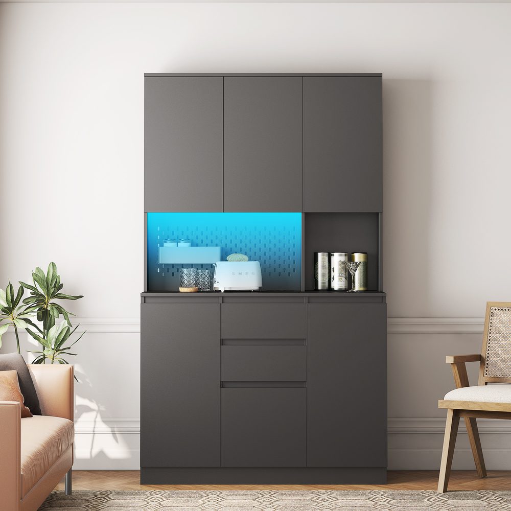 74 Freestanding Kitchen Pantry Cabinet Cupboard With 6 Doors,3 Shelves And 2 Drawer,Versatile Wardrobe & Kitchen Cabinet,Craft Storage Cabinet,Laundry Room Storage For Kitchen Black