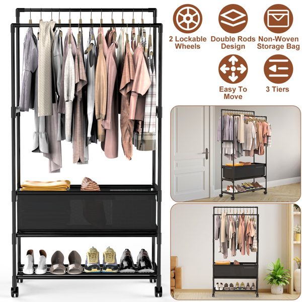 3 Tiered Portable Clothing Rack For Bedroom Entryway Double Hanging Rods Sturdy Iron Garment Rack With Double Height Rods Adjustable Storage Bag Lockable Universal Wheels Easy Assembly