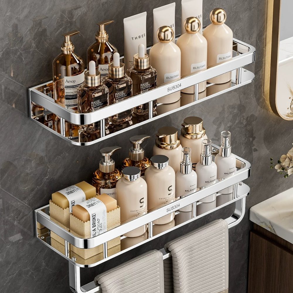 shower shelf no drill | 不锈钢简约浴室挂壁式免打孔化妆品多功能收纳架子