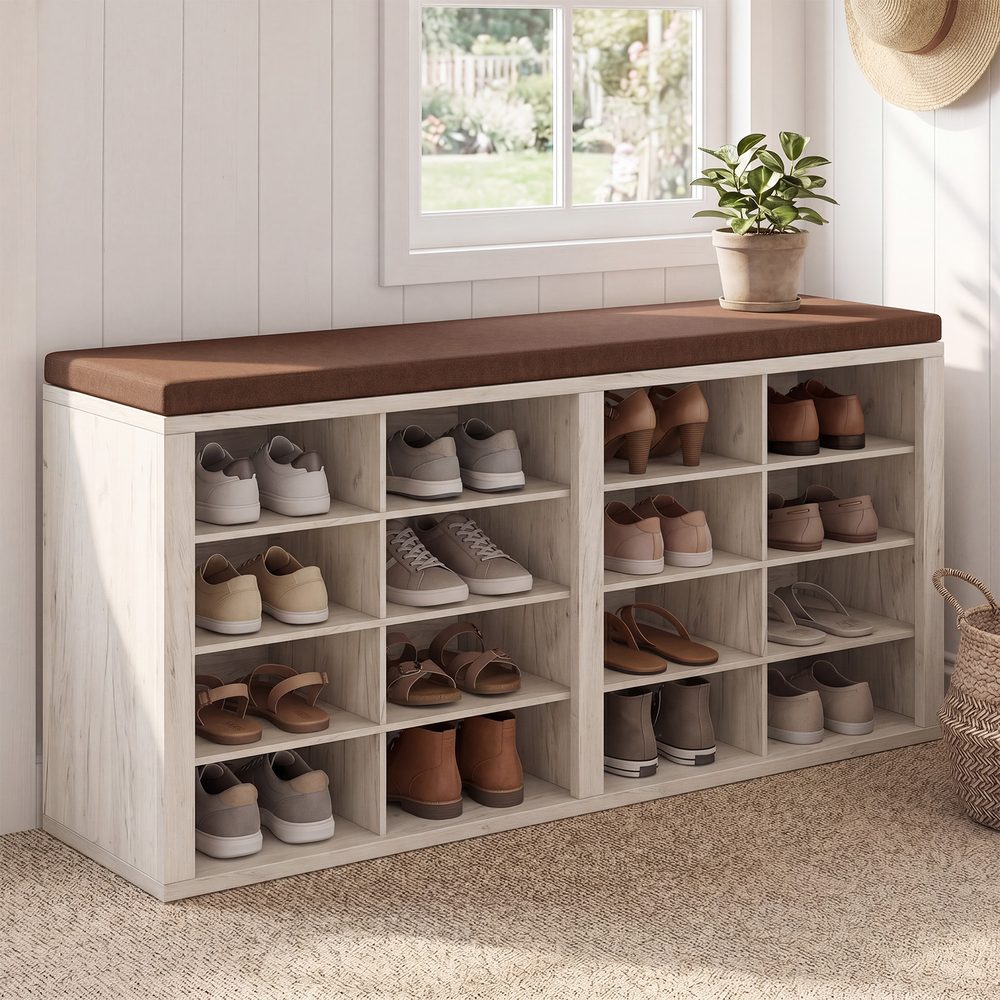 Shoe Storage Bench With Cushion 16 Cubby Shoe Rack Multifunctional Shoe Organizer Bench For Entryway Hallway Living Room Bedroom