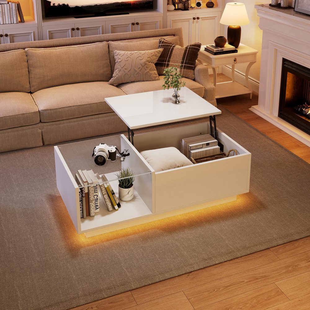 LED Coffee Table, High Gloss Coffee Table, Living Room Table With, Height Adjustable Coffee Table With Hidden Storage And Shelf, 50 X 100 X 33-46.5 Cm