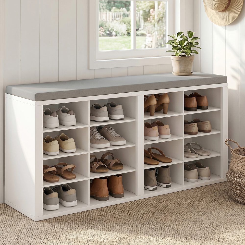 Shoe Storage Bench With Cushion 16 Cubby Shoe Rack Multifunctional Shoe Organizer Bench For Entryway Hallway Living Room Bedroom