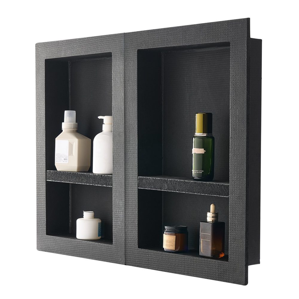 Shower Niche, 40.6 X 61.0 Cm + 40.6 X 61.0 Cm Recessed Wall Niche With Movable Shelf, 10.2 Cm Thick Modern Soap & Shampoo Storage Organizer,Square Corners,Sealed Waterproof, Black For Bathroom