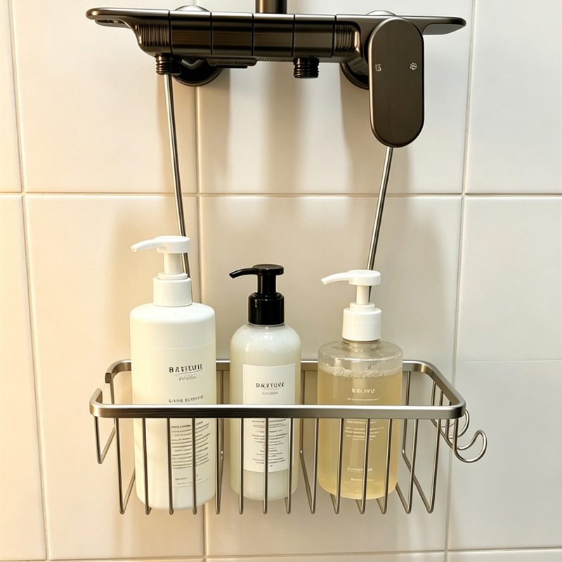 shower shelf no drill | 严置物架花洒挂篮浴室沐浴露收纳架免打孔镂空洗发水淋浴屏水龙头