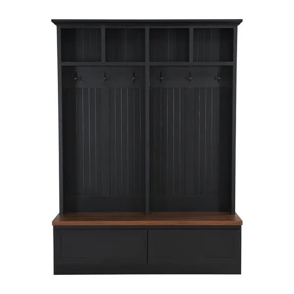 Farmhouse 4-in-1 Hall Tree With Wood Grain Bench, Mudroom Versatile Coat Rack With 2 Large Drawer, Entrance Organizer For Hallway, Living Room, Black, 55.9'W