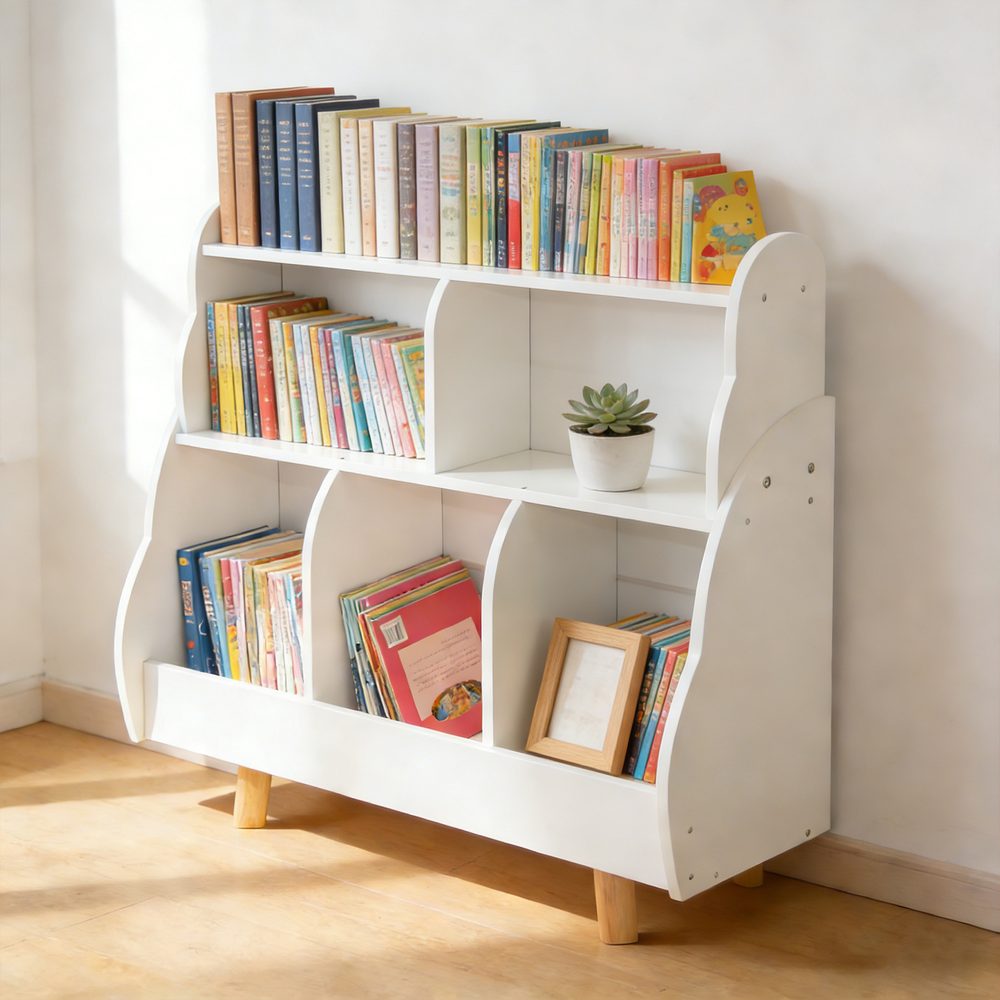 3 Tier Kids Bookshelf Toy Storage Organizer Toddler Bookcase With 5 Open Storage Boxes Curved Design Solid Wood Legs For Nursery Living Room Playroom White