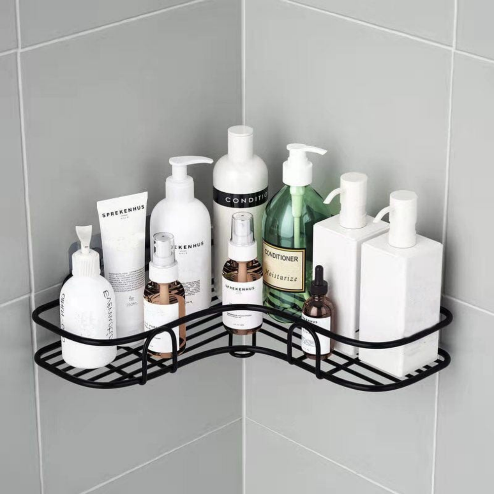 Shower Corner Shelf No Drilling, Bathroom Accessories 8 Adhesive Stickers, Kitchen Storage Black