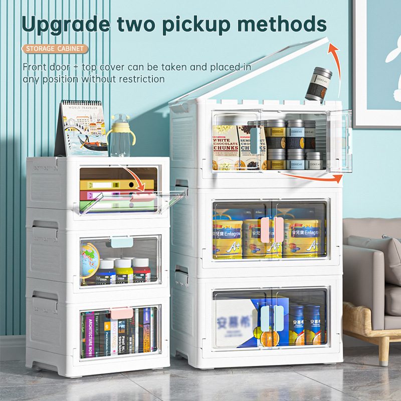 Folding Storage Box Transparent Double Door With Wheels Household Bedroom Miscellaneous Toys Snacks Organizing Storage Box